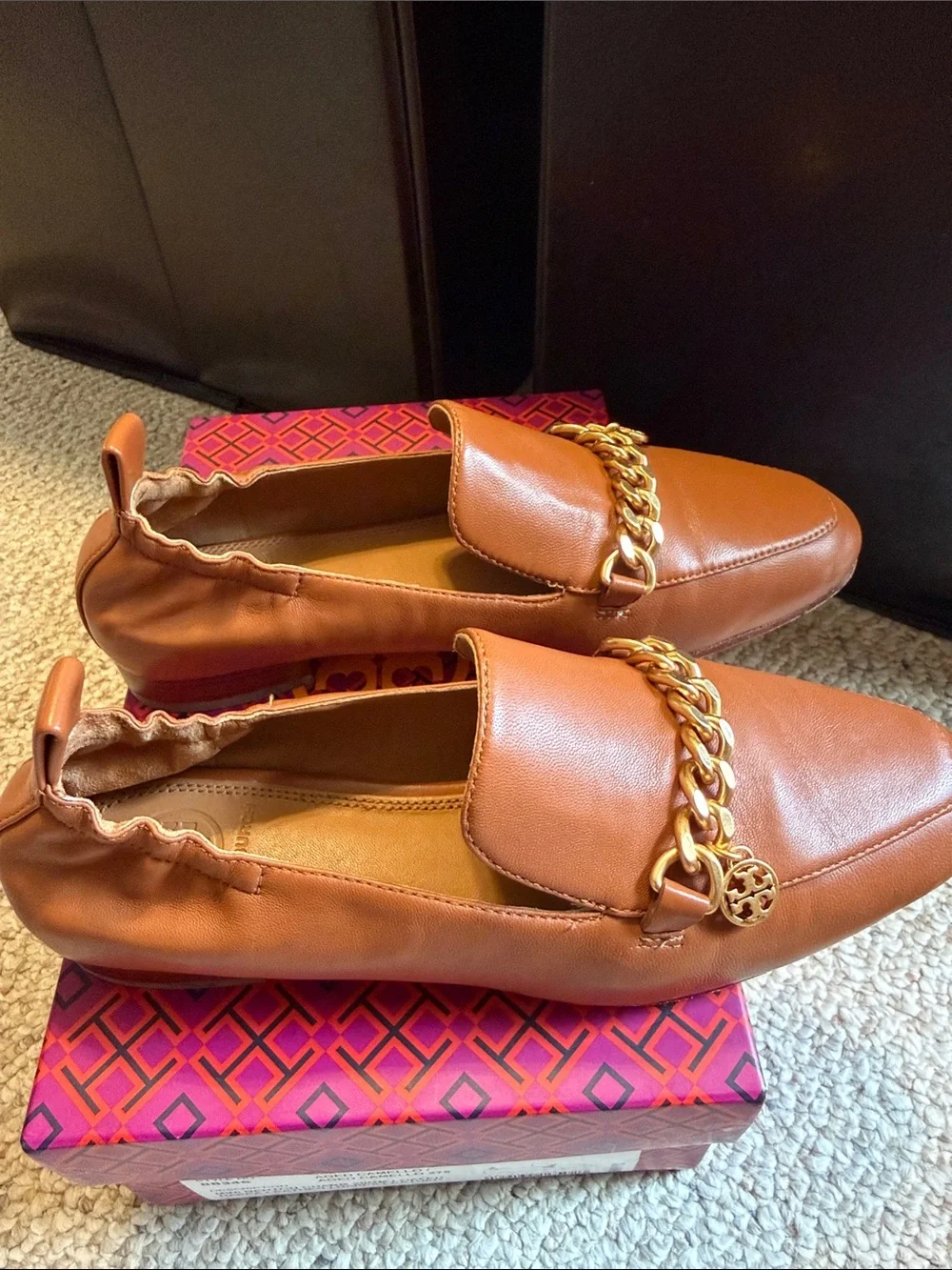 Tory Burch Cognac Leather Loafers with Gold Chain